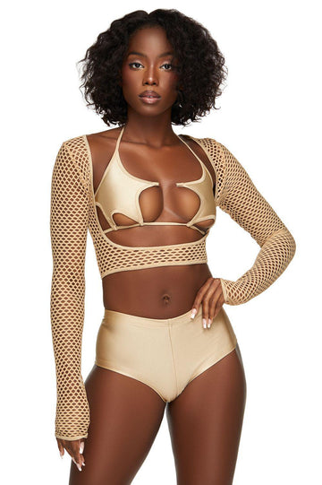 Top corto de rejilla con aberturas color nude